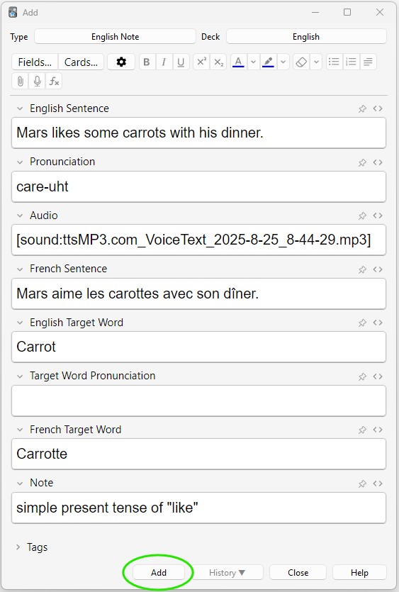 An example of a new completed Anki card with all of the textboxes filled in.